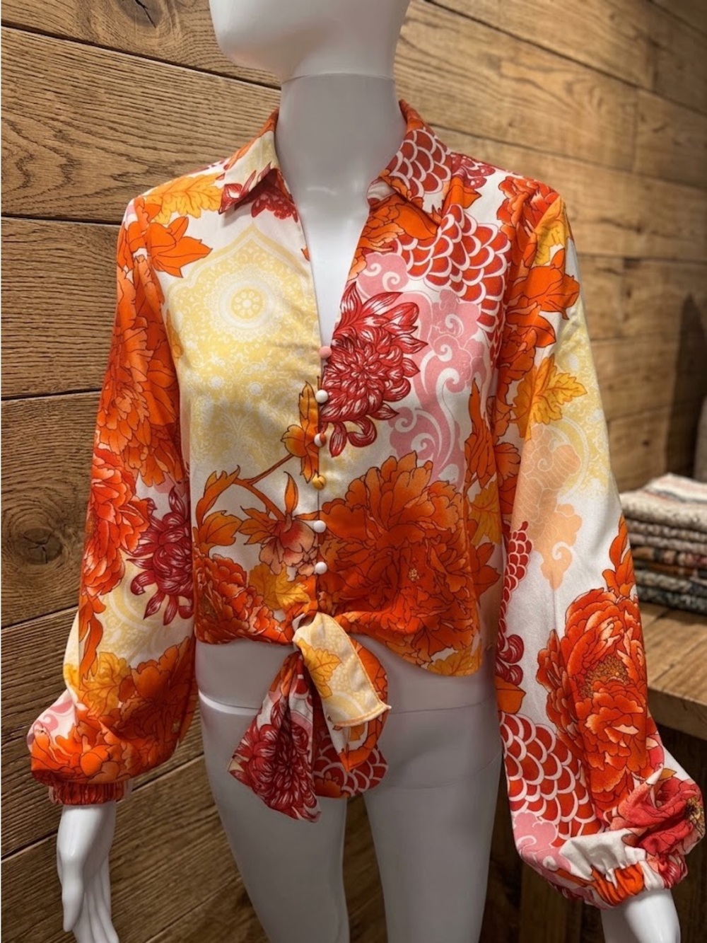 Joie Orange Floral Tie Front Boho Retro Long Sleeve Cropped Button Up Top S/P